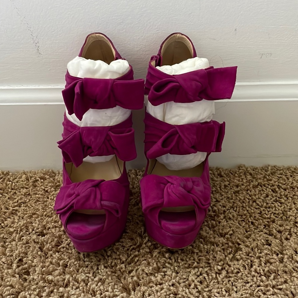 Louboutin open toe bow tie purple velvet heels